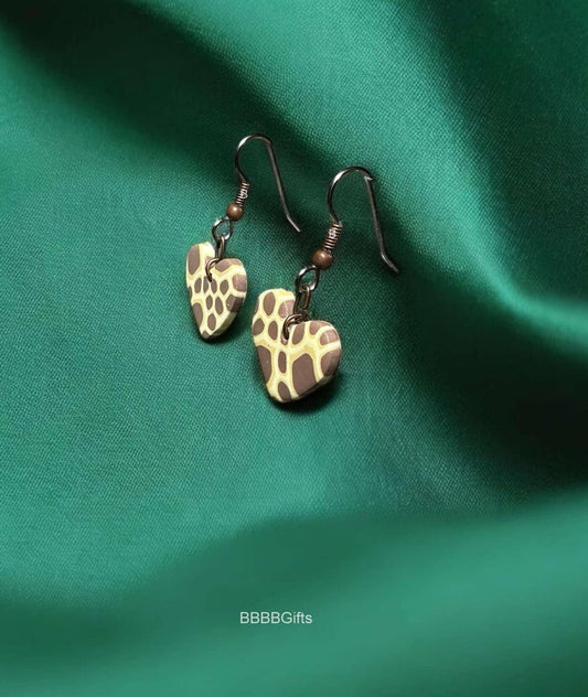 Giraffe Clay Heart Earrings : Steel Earwires • Polymer Clay/Antiqued Copper Findings. Gift Boxed