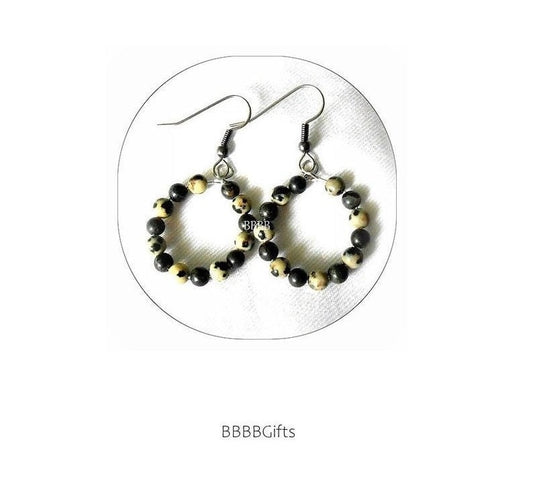 Dalmation Beaded Hoop Earrings : Steel Earwires/Jasper Gemstone Beads/Gunmetal Accents/Black/Natural White/1 Inch Diameter. Gift Boxed
