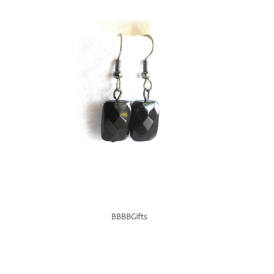 Black | Rectangular Beaded Earrings : Steel Earwires • Faceted Glass Beads • Gunmetal Accents . Gift Boxed