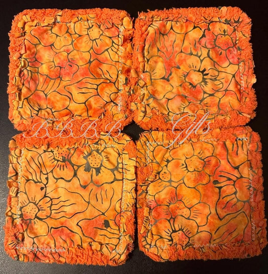 4 - 4.5" | Flower Floral Batik Rag Quilt Coasters : Reversible • Mug Rug • Ombre Orange • Multicolor Cotton Fabric