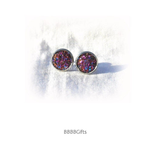 10mm | Purple AB | Druzy Stud Earrings : Steel Bezel Posts/Acrylic Cabs . Gift Boxed