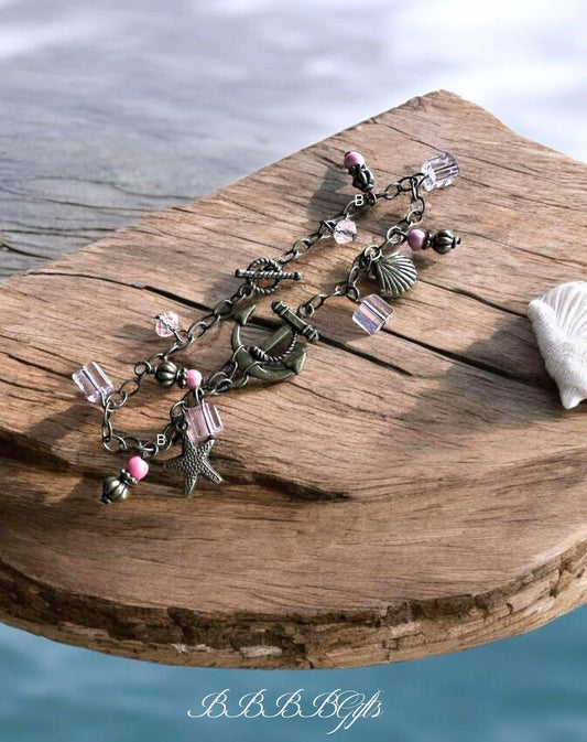 Pink Bronze | 8.5" | Nautical Beaded Charm Bracelet Crystal/Acrylic Beads Chain Dangle Toggle/Claw Clasp . Gift Boxed
