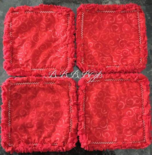 4 - 4.5" | Calico Curl Batik Rag Quilt Coaster Set : Reversible • Candle/Soap/Table Mat • Red . Cotton Fabric