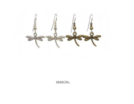 Dragonfly Charm Earrings : Steel Earwires • Antiqued Silver/Bronze Design Options. Gift Boxed