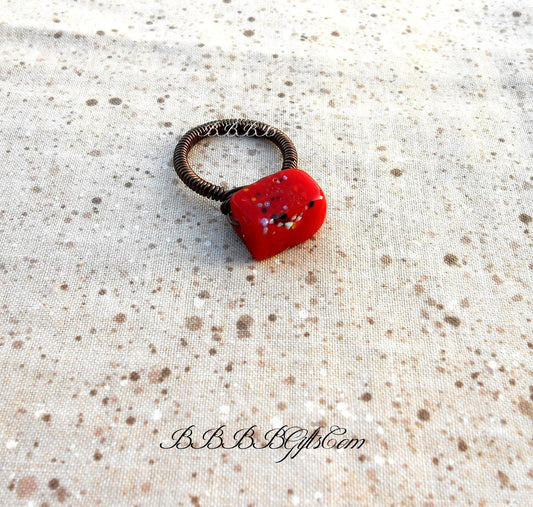 Size 6.5 | Red | Speckled Lampwork Ring : Brown Colored Copper/Wire Wrapped Coil Band • Glass Bead • Statement / Stackable . Gift Boxed