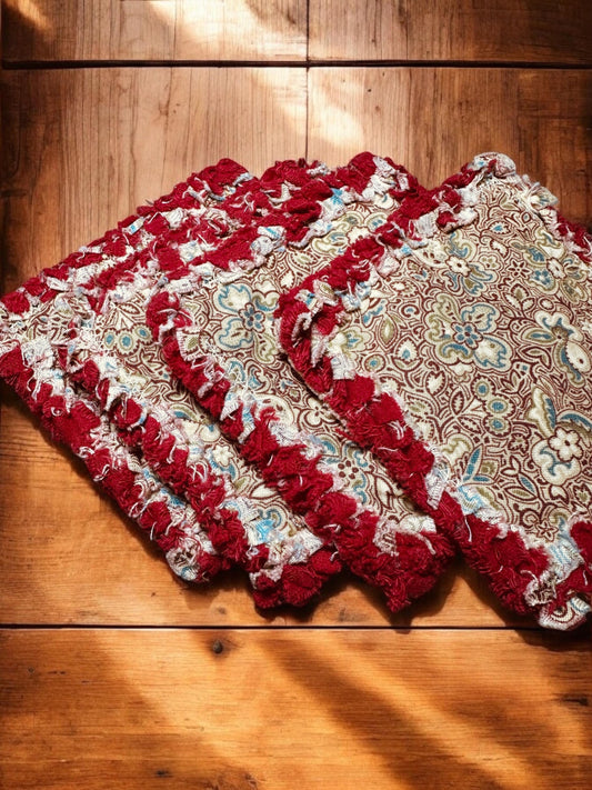 4 - 4.5" | Canterbury Calico Rust Rag Quilt Coasters : Reversible • Candle/Soap/Table Mat Cotton Fabric