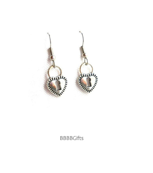 Heart Lock Charm Earrings : Steel Earwires • Antiqued Silver Design. Gift Boxed