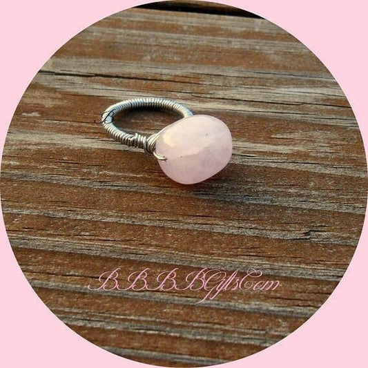 Size 7 | Rose Quartz | Chunky Rock Ring :  4mm Steel Coil Wrapped Band • Rounded Nugget Statement Piece. Gift Boxed