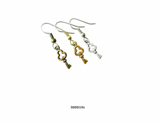 Key Charm Earrings : Steel Earwires • Antiqued Bronze/Gold/Silver Options. Gift Boxed