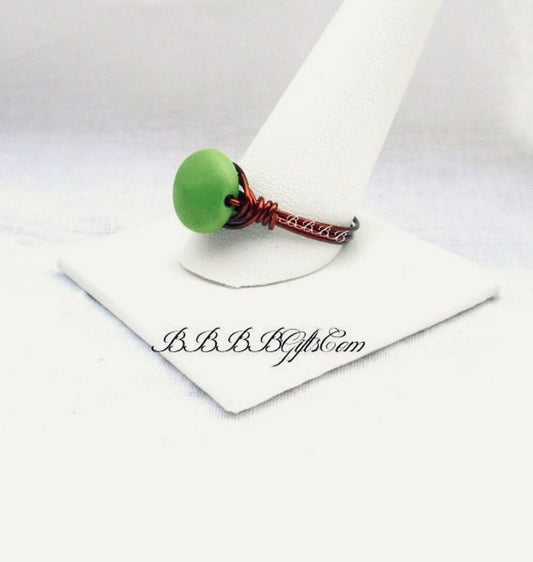 Size 12 | Apple Green Ring : Wire Wrapped Coil Band • Howlite Gemstone Bead • Statement/Stackable /Lightweight • Green Jewelry . Gift Boxed