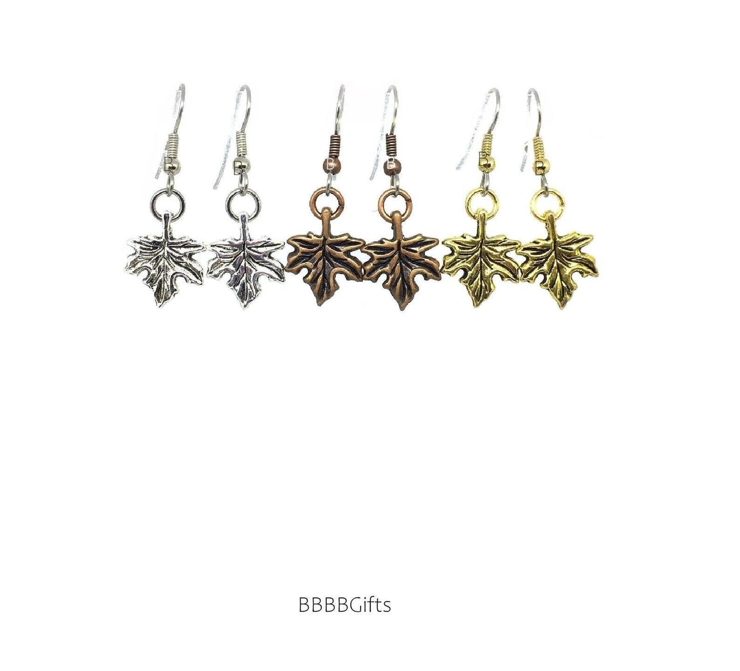 Maple Leaf Charm Earrings : Steel Earwires • Antiqued Silver,Gold,Copper Options. Gift Boxed