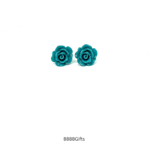 10mm | Wedgewood Blue | Rose Stud Earrings : Steel Posts/Acrylic Cabs. Gift Boxed