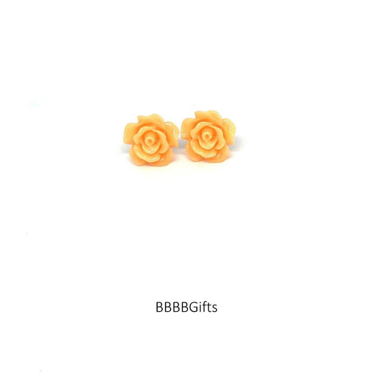 10mm | Peach | Rose Stud Earrings : Steel Posts/Acrylic Cabs. Gift Boxed