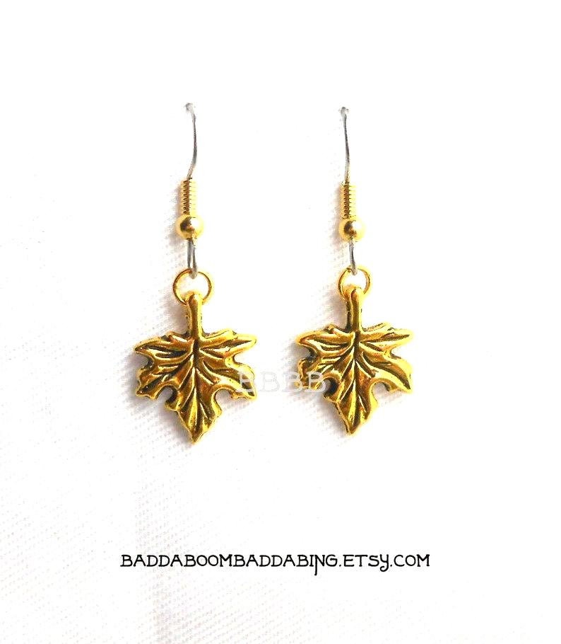 Maple Leaf Charm Earrings : Steel Earwires • Antiqued Silver,Gold,Copper Options. Gift Boxed