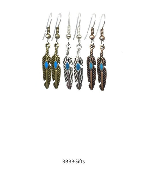 Feather Charm Earrings : Steel Earwires • Blue Enamel • Antiqued Silver/Copper/Bronze Design Options. Gift Boxed