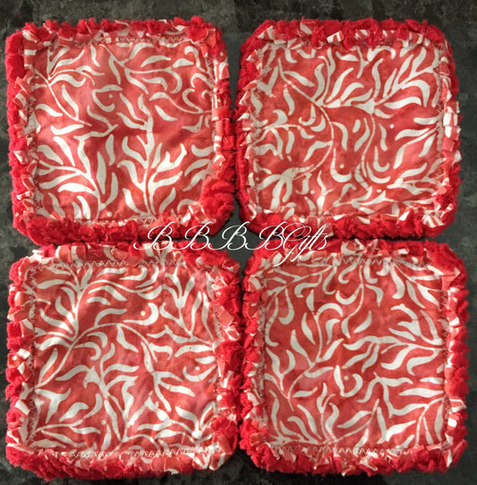 4 - 4.5" | Leaves Batik Rag Quilt Coasters : Reversible • Mug Rug • Red • Multi Shades . Cotton Fabric
