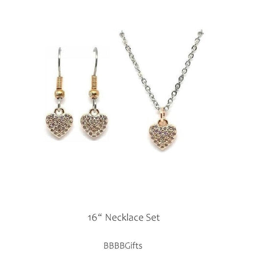 Dainty Heart Charm Earrings/Necklace : Steel Earwires w/Copper Ball Coil/Chain Lobster Clasp • Micro Pave Rose Gold Plated Metal/Rhinestones
